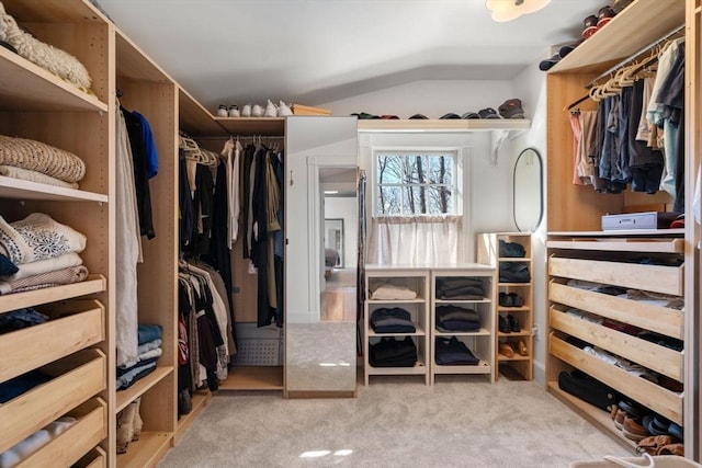 walk in closet featuring carpet flooring and vaulted ceiling