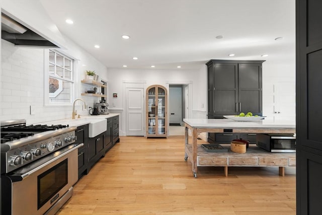 kitchen with tasteful backsplash, a sink, light wood-style flooring, stainless steel stove, and open shelves