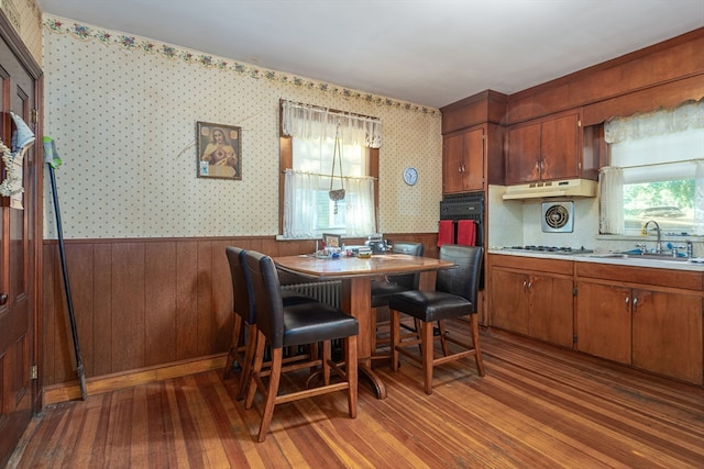 dining room featuring sink, hardwood / wood-style floors, and wooden walls