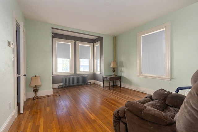 living area featuring hardwood / wood-style floors and radiator