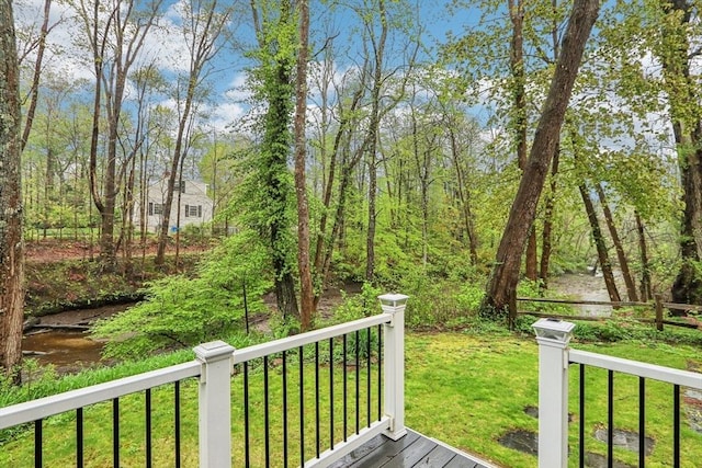 wooden deck with a yard and fence