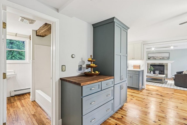 kitchen featuring light wood finished floors, gray cabinets, visible vents, butcher block countertops, and a baseboard radiator
