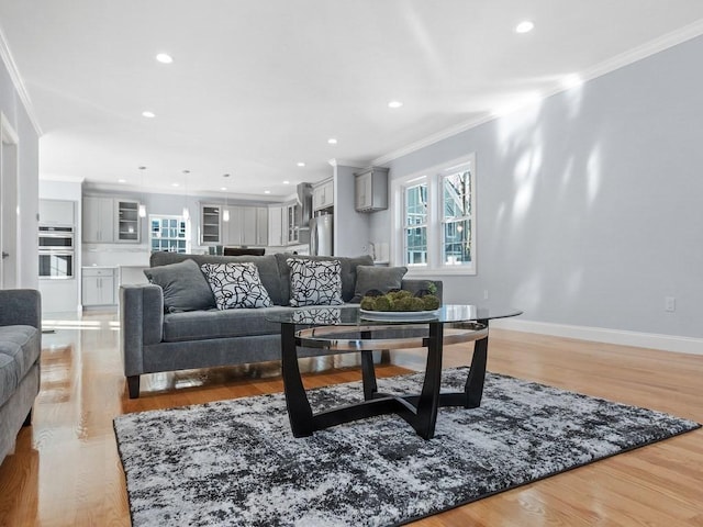 living room with crown molding and light wood-type flooring