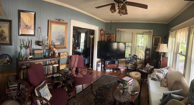 221 Summer St, Dighton, MA 02764 - living area featuring ornamental molding, ceiling fan, wood finished floors, and a baseboard radiator