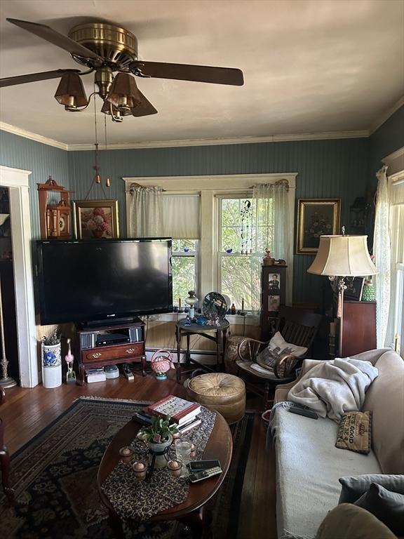 221 Summer St, Dighton, MA 02764 - living room with hardwood / wood-style floors, a ceiling fan, and crown molding
