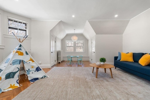 game room featuring recessed lighting, vaulted ceiling, a notable chandelier, and baseboards