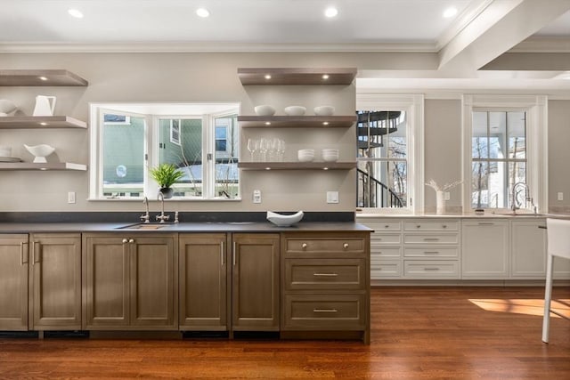 bar with crown molding, dark wood-style flooring, and a sink