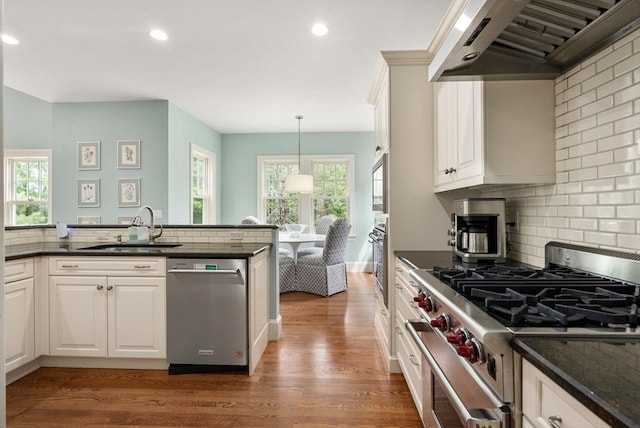 kitchen featuring stainless steel appliances, extractor fan, a sink, decorative backsplash, and dark wood-style flooring