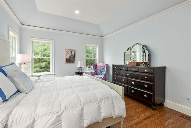 bedroom with ornamental molding, multiple windows, wood finished floors, and a raised ceiling