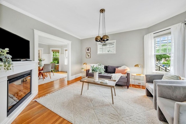 100 Melrose St Unit 100, Arlington, MA 02474 - living area featuring light wood finished floors, crown molding, a chandelier, and baseboards