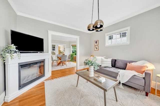 100 Melrose St Unit 100, Arlington, MA 02474 - living area with light wood-type flooring, crown molding, a chandelier, a glass covered fireplace, and baseboards