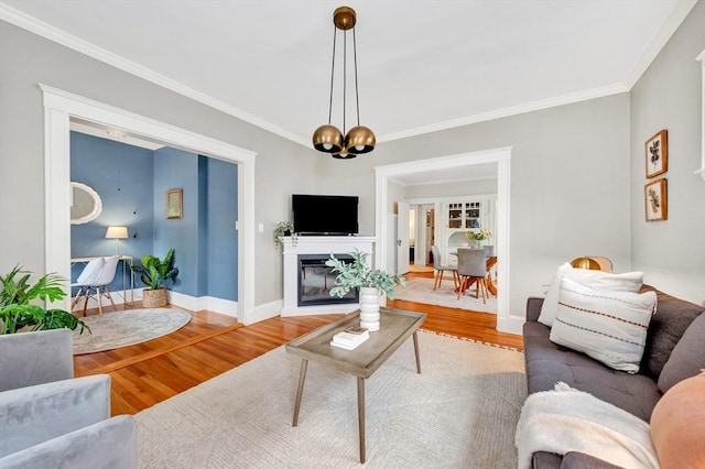 100 Melrose St Unit 100, Arlington, MA 02474 - living area with wood finished floors, ornamental molding, a chandelier, baseboards, and a glass covered fireplace