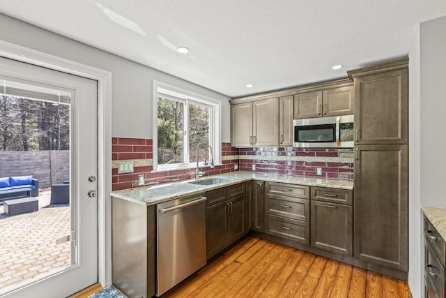 kitchen with backsplash, appliances with stainless steel finishes, a sink, and light wood-type flooring