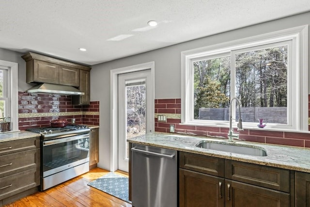 kitchen with under cabinet range hood, tasteful backsplash, stainless steel appliances, and a sink