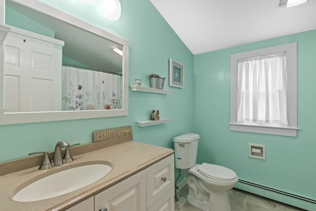 full bathroom with curtained shower, lofted ceiling, toilet, vanity, and a baseboard radiator