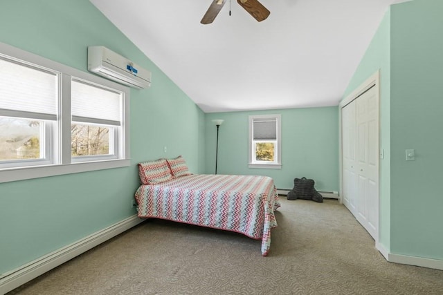carpeted bedroom featuring a baseboard radiator, lofted ceiling, multiple windows, and a wall mounted AC