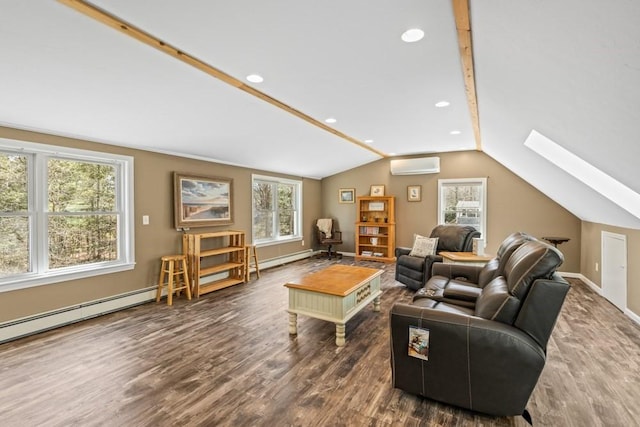 living area with baseboards, dark wood-style floors, lofted ceiling with skylight, and a wall unit AC