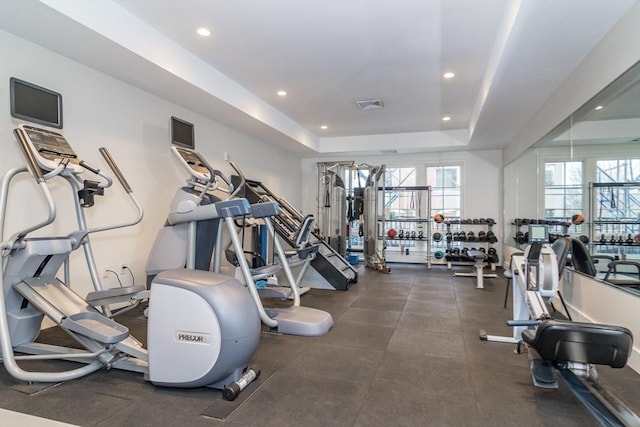 gym featuring a raised ceiling