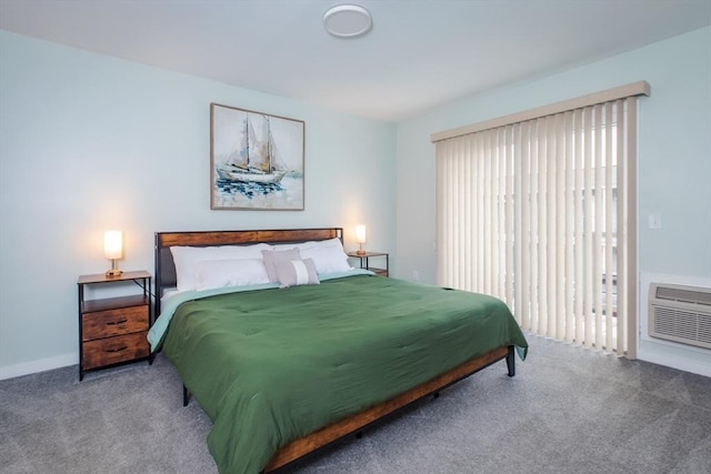 bedroom with carpet floors, access to outside, baseboards, and an AC wall unit