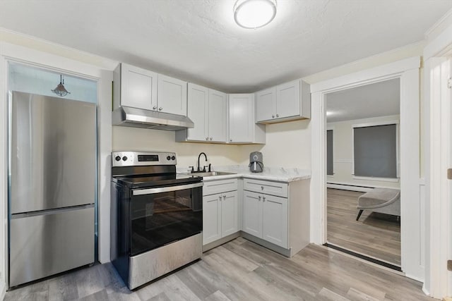 357 Granite St, Quincy, MA 02169 - kitchen featuring appliances with stainless steel finishes, under cabinet range hood, light countertops, baseboard heating, and light wood finished floors