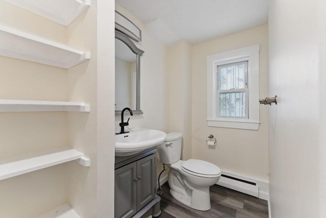 357 Granite St, Quincy, MA 02169 - half bath featuring a baseboard heating unit, wood finished floors, and vanity