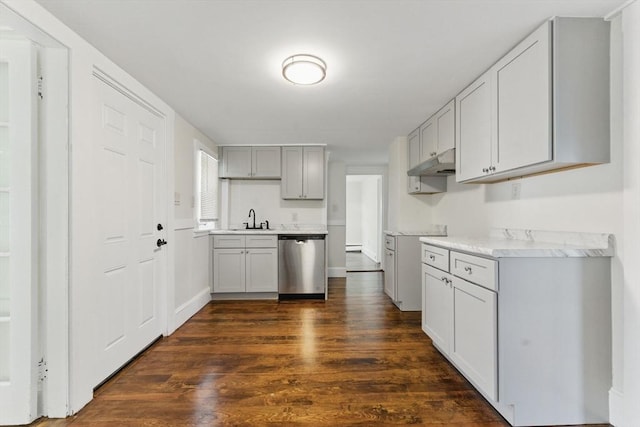 357 Granite St, Quincy, MA 02169 - kitchen featuring dishwasher, under cabinet range hood, dark wood-style flooring, light countertops, and gray cabinets