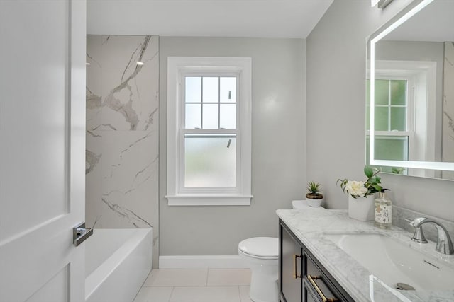 full bathroom with baseboards, toilet, vanity, and tile patterned flooring