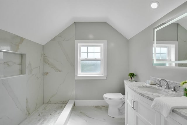 bathroom with toilet, a healthy amount of sunlight, and a marble finish shower