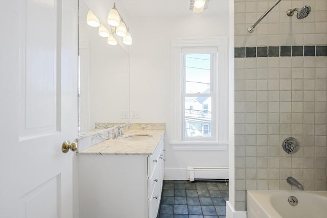 113 Taylor St Unit 1, Waltham, MA 02453 - full bath featuring vanity, a baseboard heating unit, shower / tub combination, and plenty of natural light