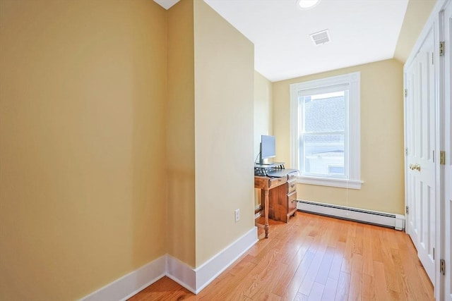 113 Taylor St Unit 1, Waltham, MA 02453 - hall featuring light wood-style floors, a baseboard radiator, baseboards, and visible vents