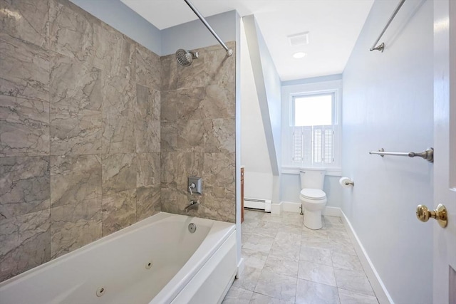 113 Taylor St Unit 1, Waltham, MA 02453 - full bath with marble finish floor, toilet, baseboards, a combined bath / shower with jetted tub, and baseboard heating