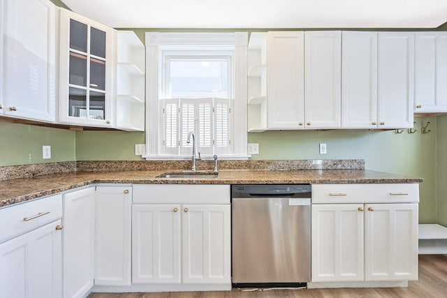 113 Taylor St Unit 1, Waltham, MA 02453 - kitchen featuring white cabinets, open shelves, a sink, dishwasher, and dark stone countertops