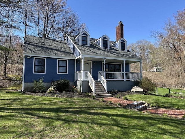 cape cod house featuring a front yard, fence, covered porch, and a chimney