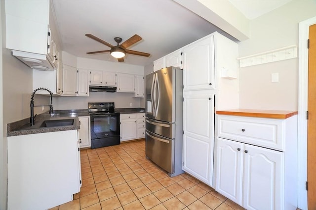 kitchen with ceiling fan, black electric range oven, stainless steel refrigerator with ice dispenser, and white cabinetry