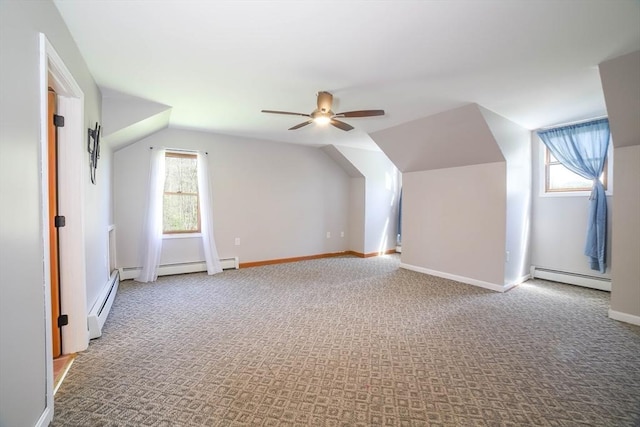 bonus room featuring carpet floors, a ceiling fan, and a baseboard heating unit