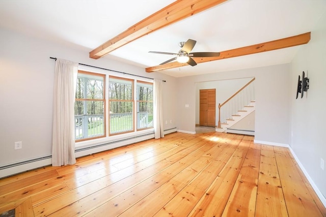 unfurnished living room featuring beam ceiling, baseboards, stairway, a ceiling fan, and light wood-style flooring