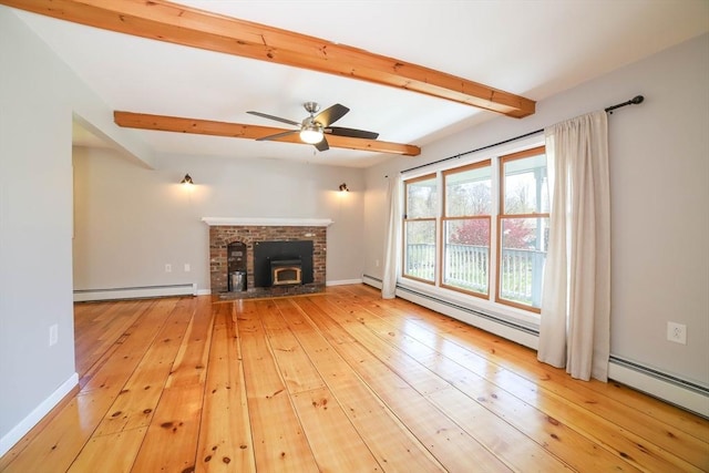 unfurnished living room with ceiling fan, a baseboard radiator, beamed ceiling, and hardwood / wood-style floors