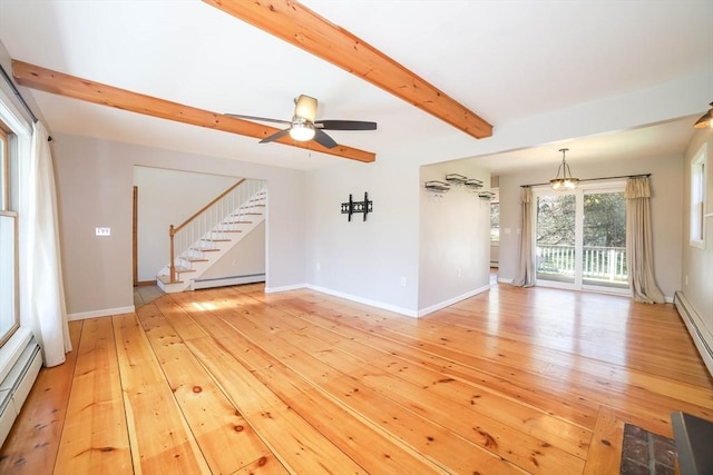 unfurnished living room with light wood-style floors, baseboards, a baseboard heating unit, and beam ceiling