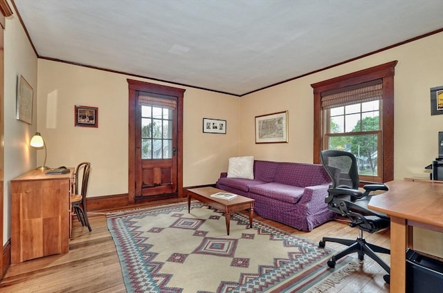 office with light wood-style floors, crown molding, healthy amount of natural light, and baseboards