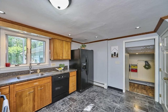 10 Locust St, Burlington, MA 01803 - kitchen featuring black appliances, baseboard heating, dark countertops, ornamental molding, and brown cabinetry