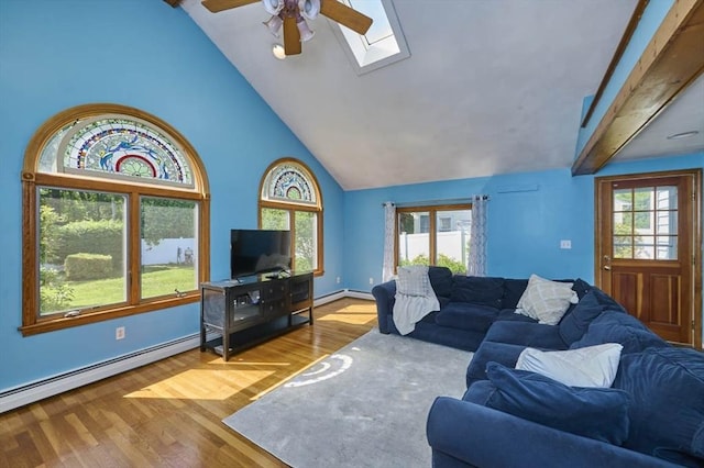 10 Locust St, Burlington, MA 01803 - living room with wood finished floors, ceiling fan, a skylight, and a baseboard heating unit