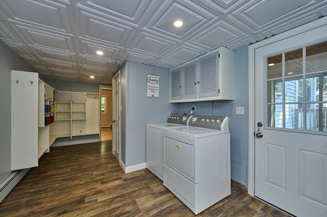 10 Locust St, Burlington, MA 01803 - laundry area featuring washer and clothes dryer, recessed lighting, an ornate ceiling, dark wood-style flooring, and a baseboard heating unit