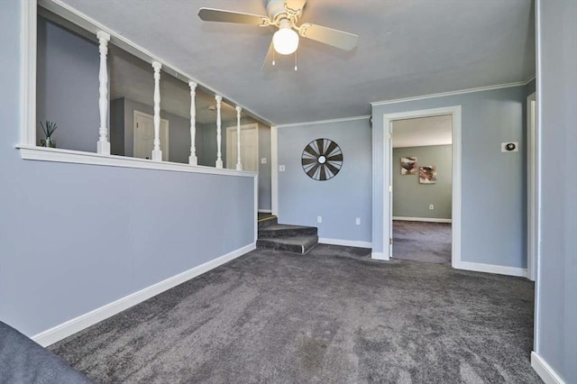 10 Locust St, Burlington, MA 01803 - carpeted empty room with ornamental molding, stairway, and ceiling fan