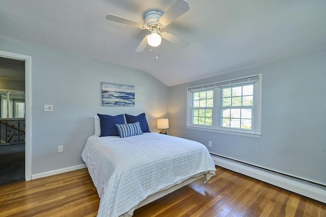 10 Locust St, Burlington, MA 01803 - bedroom with a baseboard radiator, lofted ceiling, wood finished floors, and a ceiling fan