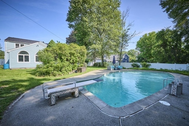 10 Locust St, Burlington, MA 01803 - view of swimming pool with a fenced backyard, a diving board, and a patio area