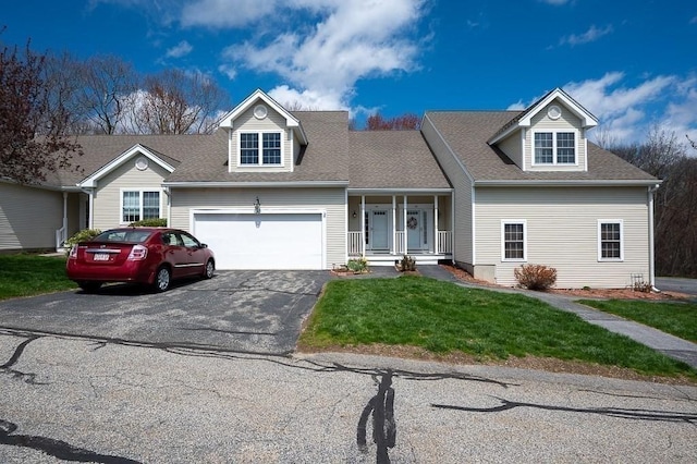 30 Horne Way Unit 30, Millbury, MA 01527 - view of front of property with asphalt driveway, an attached garage, a front yard, a porch, and roof with shingles