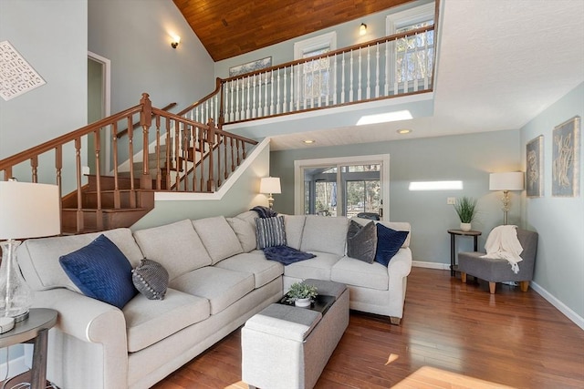 living room featuring wood ceiling, high vaulted ceiling, and hardwood / wood-style floors