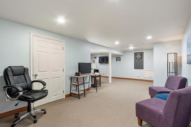 interior space featuring light colored carpet