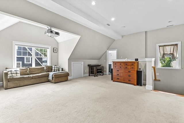 bonus room with vaulted ceiling, carpet flooring, baseboards, and recessed lighting