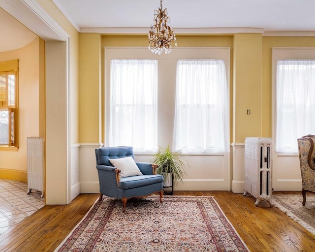 living area featuring baseboards, radiator, an inviting chandelier, and wood finished floors